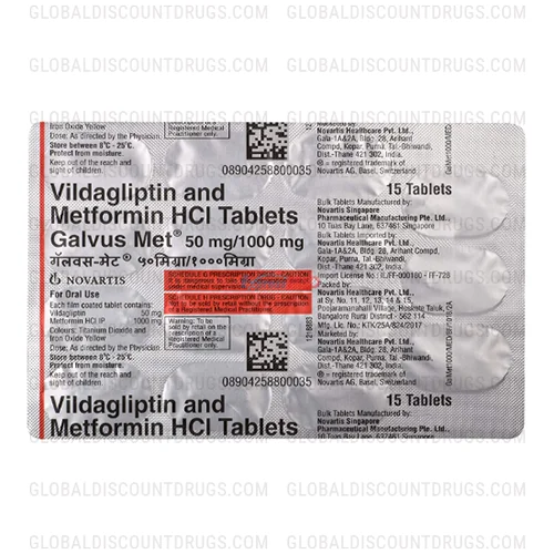 Buy Vildagliptin Metformin 50mg 1000mg strip online