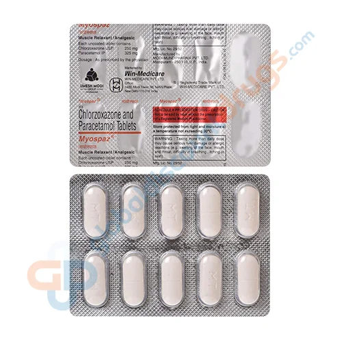 Chlorzoxazone-Paracetamol-250mg-500mg-Myospas-tablet