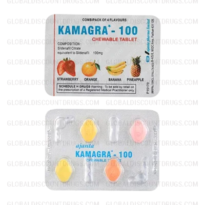 Buy Kamagra 100mg Chewable Tablets (Banana, Pineapple, Strawberry, Orange flavors) strip online