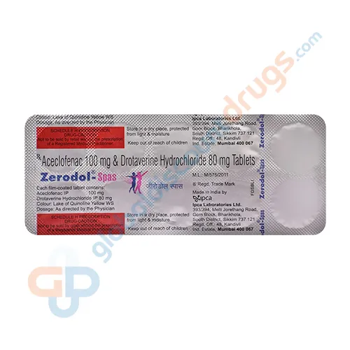 Buy Drotaverine-Aceclofenac 80mg-100mg Zerodol Spas tablets online