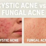 Comparison of cystic acne and fungal acne showing inflamed red cysts on the cheek versus small clustered bumps on the back