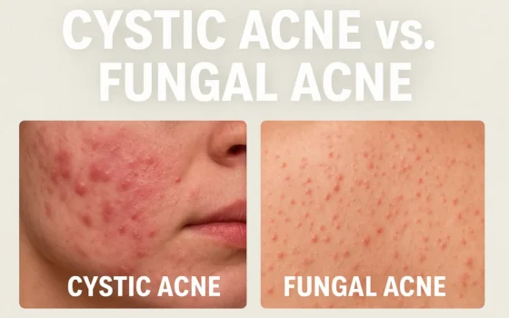Comparison of cystic acne and fungal acne showing inflamed red cysts on the cheek versus small clustered bumps on the back