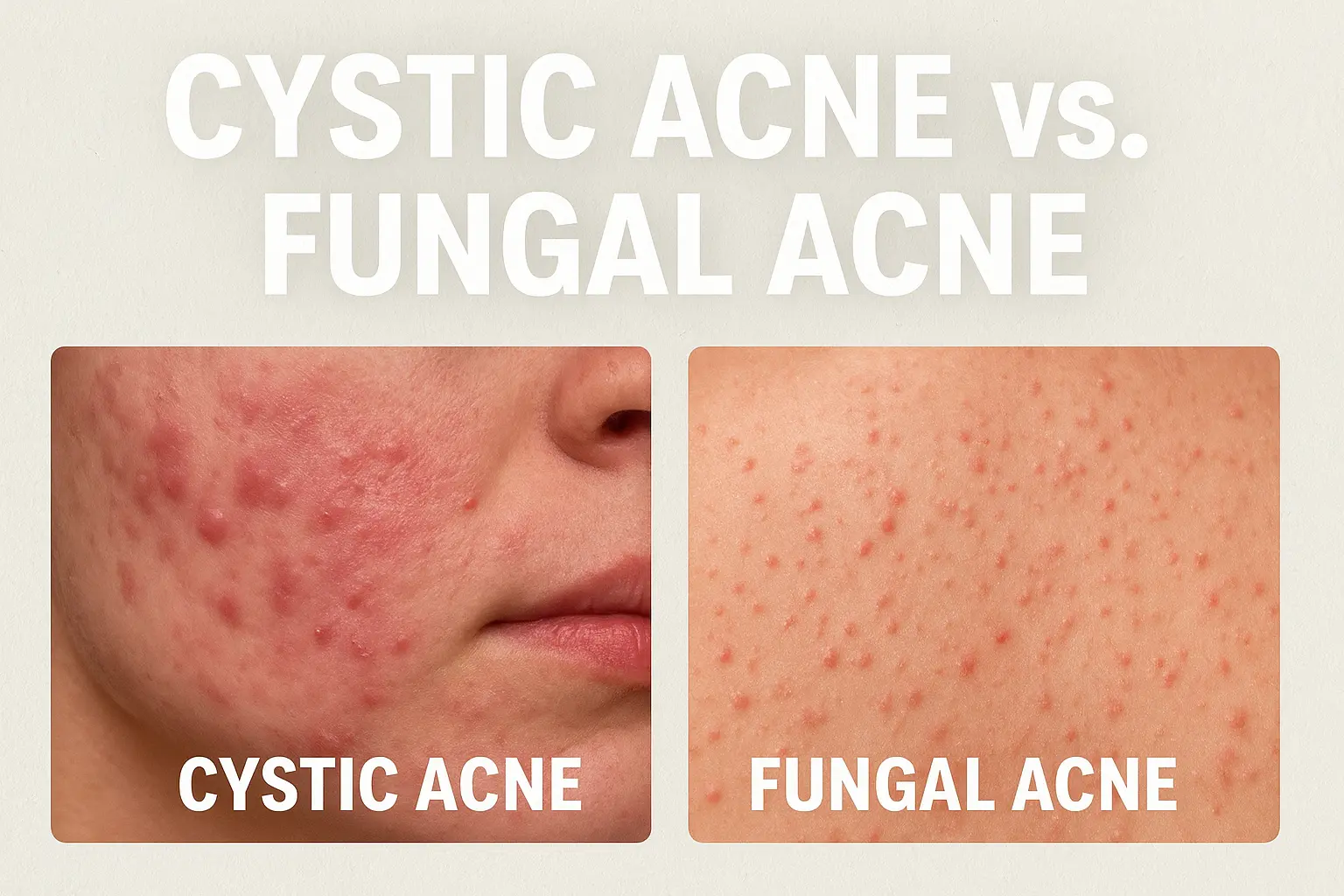 Comparison of cystic acne and fungal acne showing inflamed red cysts on the cheek versus small clustered bumps on the back