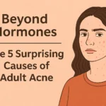 Illustration of a woman with adult acne on her cheeks and chin next to the title ‘Beyond Hormones: The 5 Surprising Causes of Adult Acne’ on a peach background