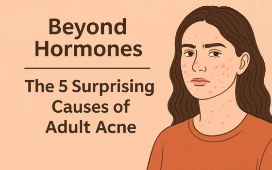 Illustration of a woman with adult acne on her cheeks and chin next to the title ‘Beyond Hormones: The 5 Surprising Causes of Adult Acne’ on a peach background