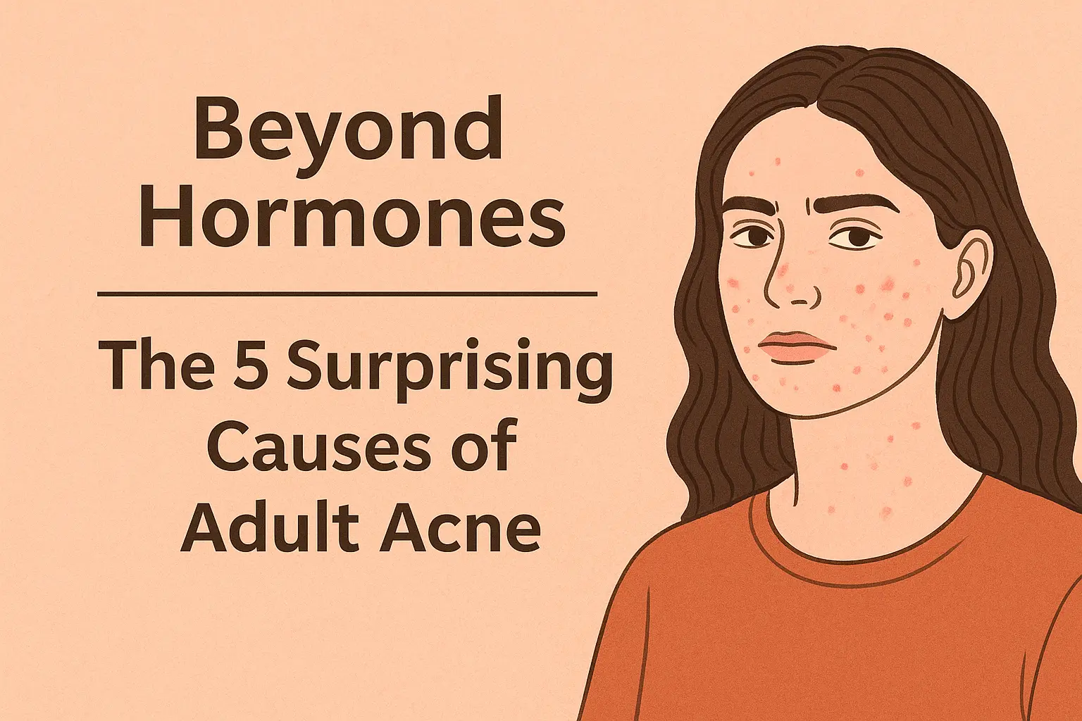 Illustration of a woman with adult acne on her cheeks and chin next to the title ‘Beyond Hormones: The 5 Surprising Causes of Adult Acne’ on a peach background